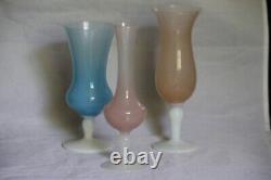 A beautiful lot of 3 Opaline Vases Pink Blue Italian Glass Pedestal 70s MCM