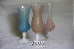 A beautiful lot of 3 Opaline Vases Pink Blue Italian Glass Pedestal 70s MCM