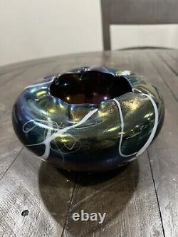 Amethyst Opalescent Threading Swirls Art Glass Handblown Rose Bowl