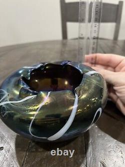 Amethyst Opalescent Threading Swirls Art Glass Handblown Rose Bowl