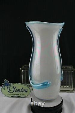 Angelo Rossi / Fenton Art Glass French Opalescent Applied Teal Accent Tall Vase