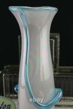 Angelo Rossi / Fenton Art Glass French Opalescent Applied Teal Accent Tall Vase