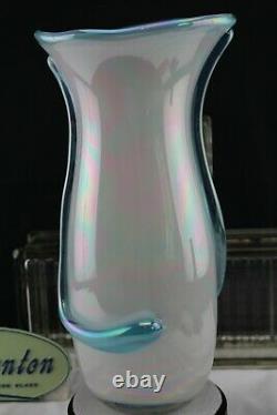 Angelo Rossi / Fenton Art Glass French Opalescent Applied Teal Accent Tall Vase