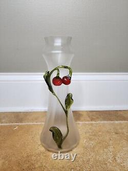 Antique 12 Kralik Iridescent Art Glass Vase applied glass cherry stem