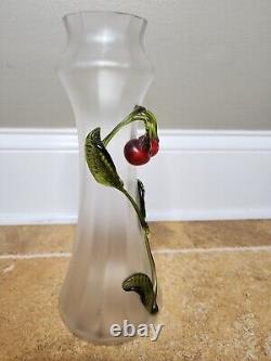 Antique 12 Kralik Iridescent Art Glass Vase applied glass cherry stem