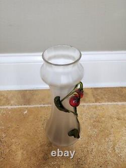 Antique 12 Kralik Iridescent Art Glass Vase applied glass cherry stem