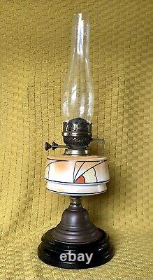 Antique 1920's Art Deco Patterned Opaline Glass Oil Lamp In Original Condition