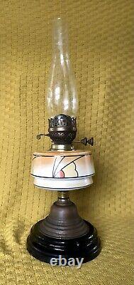 Antique 1920's Art Deco Patterned Opaline Glass Oil Lamp In Original Condition