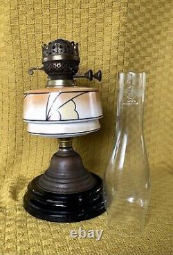 Antique 1920's Art Deco Patterned Opaline Glass Oil Lamp In Original Condition