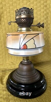 Antique 1920's Art Deco Patterned Opaline Glass Oil Lamp In Original Condition