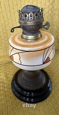 Antique 1920's Art Deco Patterned Opaline Glass Oil Lamp In Original Condition