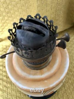 Antique 1920's Art Deco Patterned Opaline Glass Oil Lamp In Original Condition