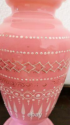 Antique 19c Opaline Victorian Pink Bristol Enameled Art Glass Vase