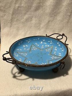 Antique 19th C. French Enameled Blue Opaline Glass Bronze Mounted Footed Bowl