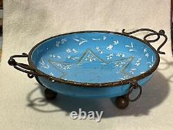 Antique 19th C. French Enameled Blue Opaline Glass Bronze Mounted Footed Bowl