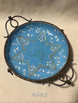 Antique 19th C. French Enameled Blue Opaline Glass Bronze Mounted Footed Bowl