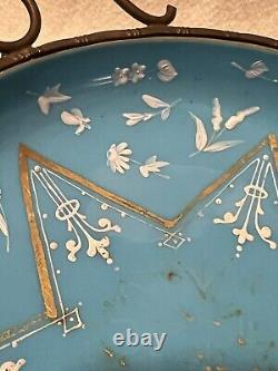 Antique 19th C. French Enameled Blue Opaline Glass Bronze Mounted Footed Bowl