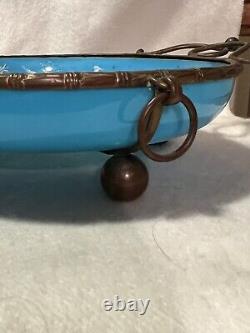 Antique 19th C. French Enameled Blue Opaline Glass Bronze Mounted Footed Bowl