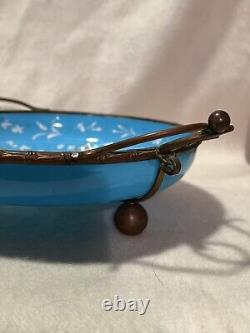 Antique 19th C. French Enameled Blue Opaline Glass Bronze Mounted Footed Bowl