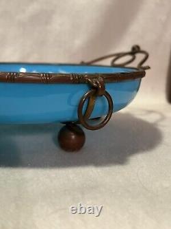 Antique 19th C. French Enameled Blue Opaline Glass Bronze Mounted Footed Bowl