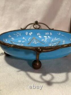 Antique 19th C. French Enameled Blue Opaline Glass Bronze Mounted Footed Bowl