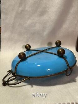 Antique 19th C. French Enameled Blue Opaline Glass Bronze Mounted Footed Bowl
