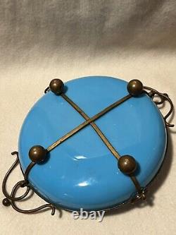 Antique 19th C. French Enameled Blue Opaline Glass Bronze Mounted Footed Bowl