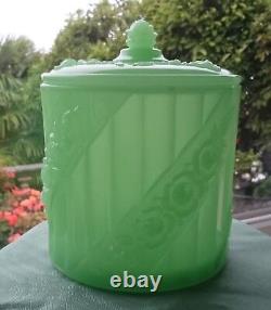 Antique Art Deco Baccarat S. Reich Opaline Jadeite Green Glass Biscuit Barrel