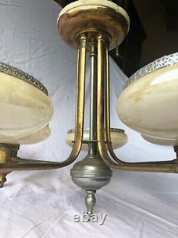 Antique Art Deco Opalescent Slip Shade Semi-Flush Hanging Chandelier RESTORE