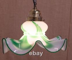 Antique Art Deco Period Opaline & Green Glass Ceiling Pendant Lights Lamp