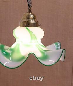 Antique Art Deco Period Opaline & Green Glass Ceiling Pendant Lights Lamp