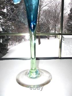 Antique Art Glass Vase Jack In Pulpit Blue Opalescent Over Green 12.5