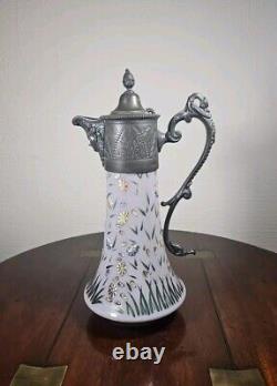 Antique Art Nouveau Cased Opaline Hand Enamelled Pewter Lidded Carafe Water Jug