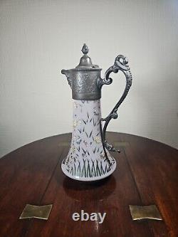 Antique Art Nouveau Cased Opaline Hand Enamelled Pewter Lidded Carafe Water Jug