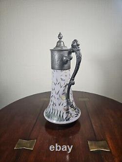 Antique Art Nouveau Cased Opaline Hand Enamelled Pewter Lidded Carafe Water Jug