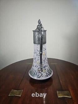 Antique Art Nouveau Cased Opaline Hand Enamelled Pewter Lidded Carafe Water Jug