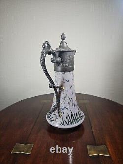Antique Art Nouveau Cased Opaline Hand Enamelled Pewter Lidded Carafe Water Jug