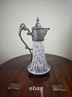 Antique Art Nouveau Cased Opaline Hand Enamelled Pewter Lidded Carafe Water Jug