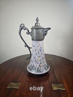Antique Art Nouveau Cased Opaline Hand Enamelled Pewter Lidded Carafe Water Jug