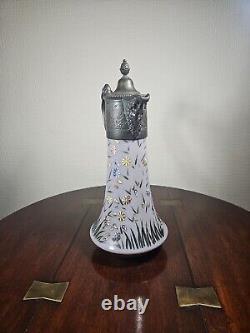 Antique Art Nouveau Cased Opaline Hand Enamelled Pewter Lidded Carafe Water Jug