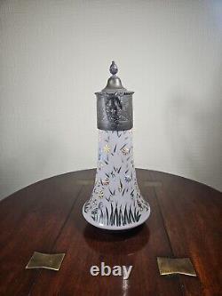 Antique Art Nouveau Cased Opaline Hand Enamelled Pewter Lidded Carafe Water Jug
