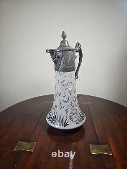 Antique Art Nouveau Cased Opaline Hand Enamelled Pewter Lidded Carafe Water Jug
