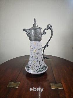 Antique Art Nouveau Cased Opaline Hand Enamelled Pewter Lidded Carafe Water Jug