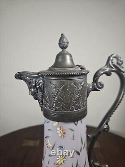 Antique Art Nouveau Cased Opaline Hand Enamelled Pewter Lidded Carafe Water Jug