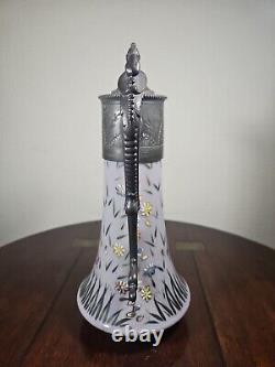 Antique Art Nouveau Cased Opaline Hand Enamelled Pewter Lidded Carafe Water Jug