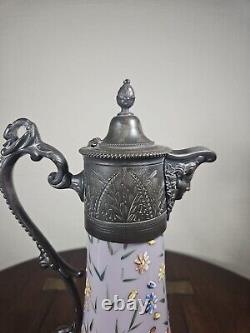 Antique Art Nouveau Cased Opaline Hand Enamelled Pewter Lidded Carafe Water Jug