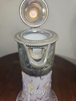 Antique Art Nouveau Cased Opaline Hand Enamelled Pewter Lidded Carafe Water Jug