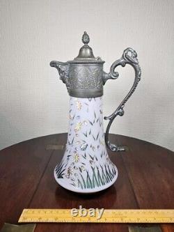 Antique Art Nouveau Cased Opaline Hand Enamelled Pewter Lidded Carafe Water Jug