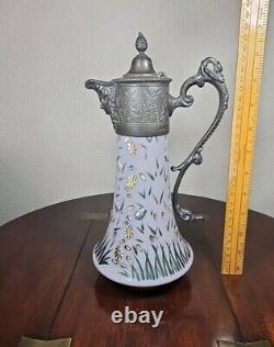 Antique Art Nouveau Cased Opaline Hand Enamelled Pewter Lidded Carafe Water Jug