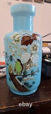 Antique Art Nouveau Large Blue Opaline Vase with a Bird And White Flowers-shaped